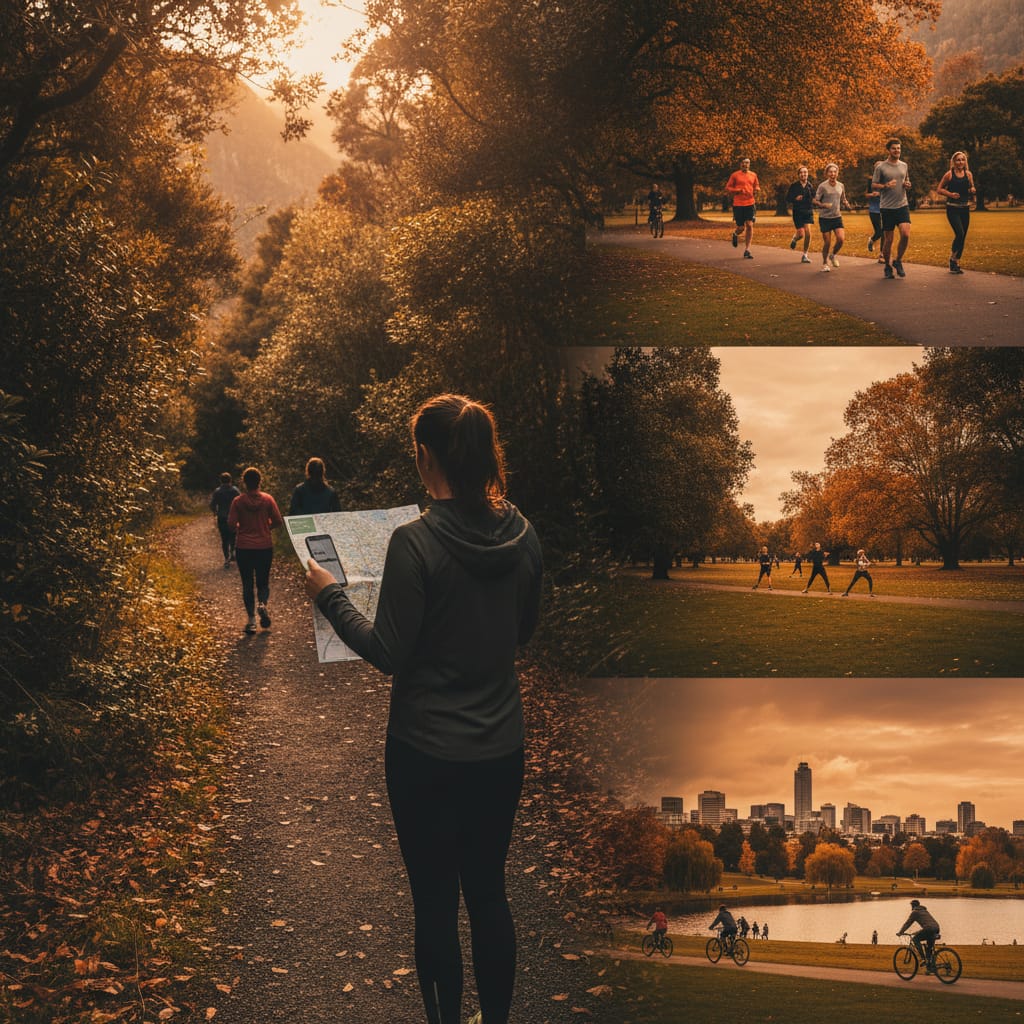 A person using pato.fit on their phone to find free fitness New Zealand activities on a scenic autumn trail
