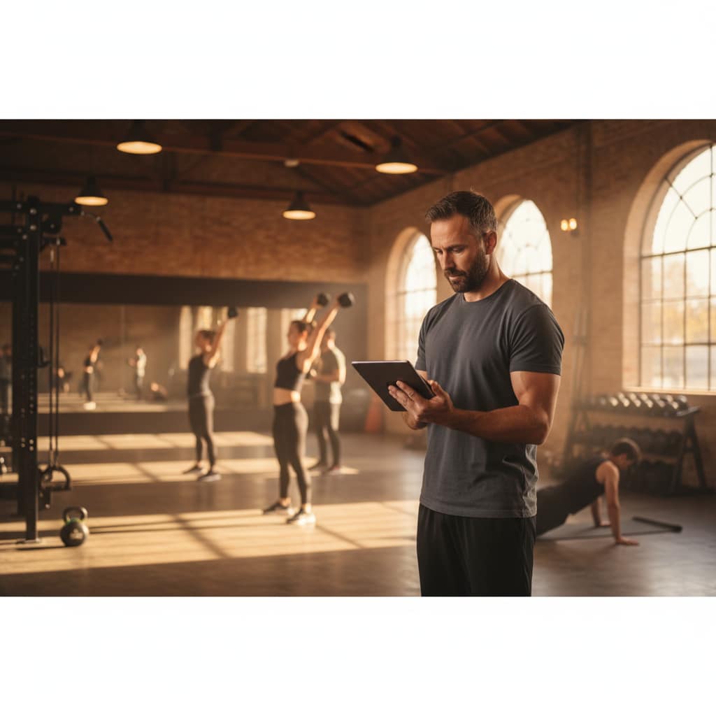 Gym owner reviewing member engagement data to improve gym member retention and reduce churn.