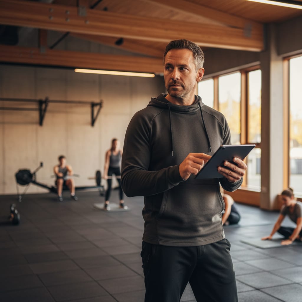 A gym owner in a modern New Zealand gym reviewing member engagement data on a tablet, showcasing the practical benefits of an AI fitness companion for their business.