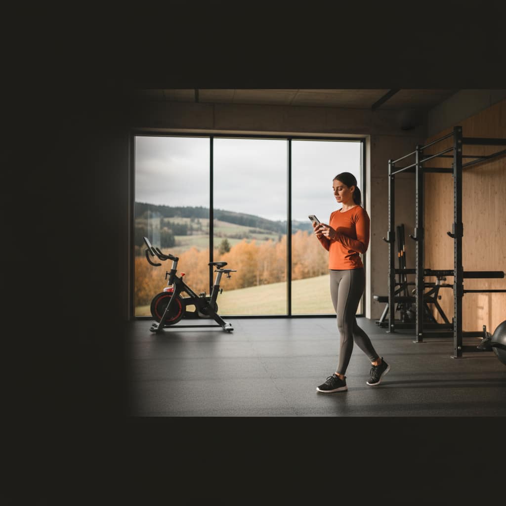 Woman checking a fitness app on her phone in an Auckland gym, demonstrating fitness habit building
