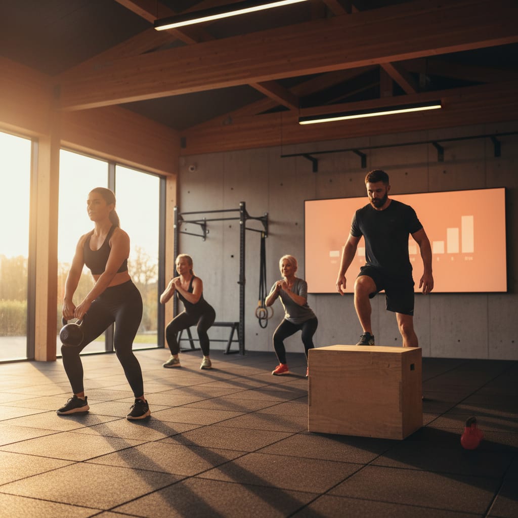 A group of happy gym members engaged in functional fitness exercises, demonstrating excellent gym member engagement ideas in a modern studio.