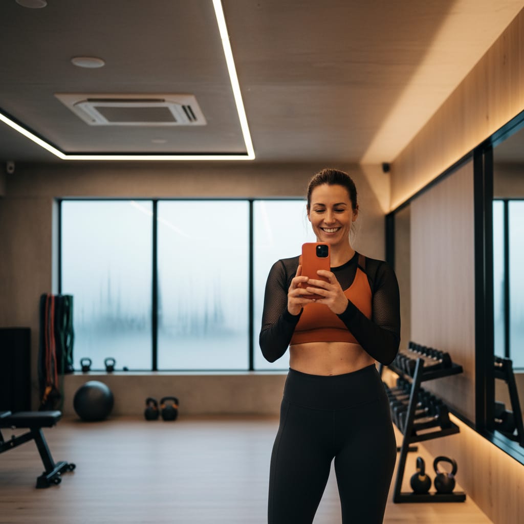 Woman looking at a gamified fitness app on her phone, showing successful streaks and points, in a modern gym. Image highlights positive gym member retention through technology.