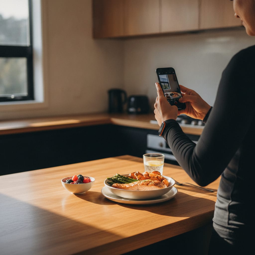 A gym member easily logging their meal using AI photo meal tracking on their phone, showing convenience for fitness nutrition tips.