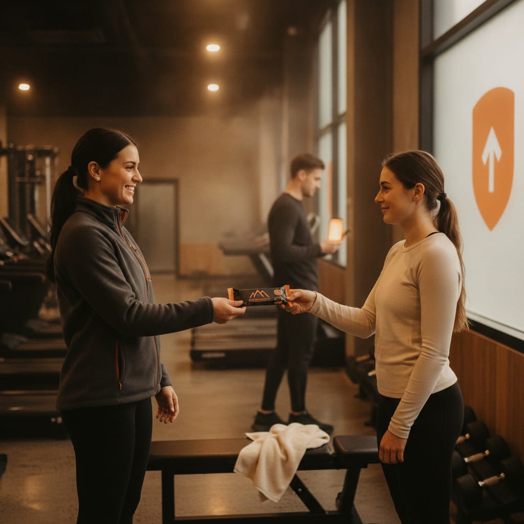 Gym member happily receiving a reward from a staff member, with a fitness app on a smartphone showing progress, illustrating effective fitness habit building.
