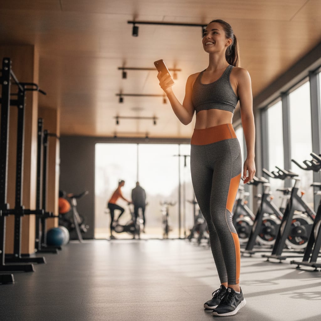 A gym member happily using a modern gym class booking system on her phone, showing ease of use and engagement.