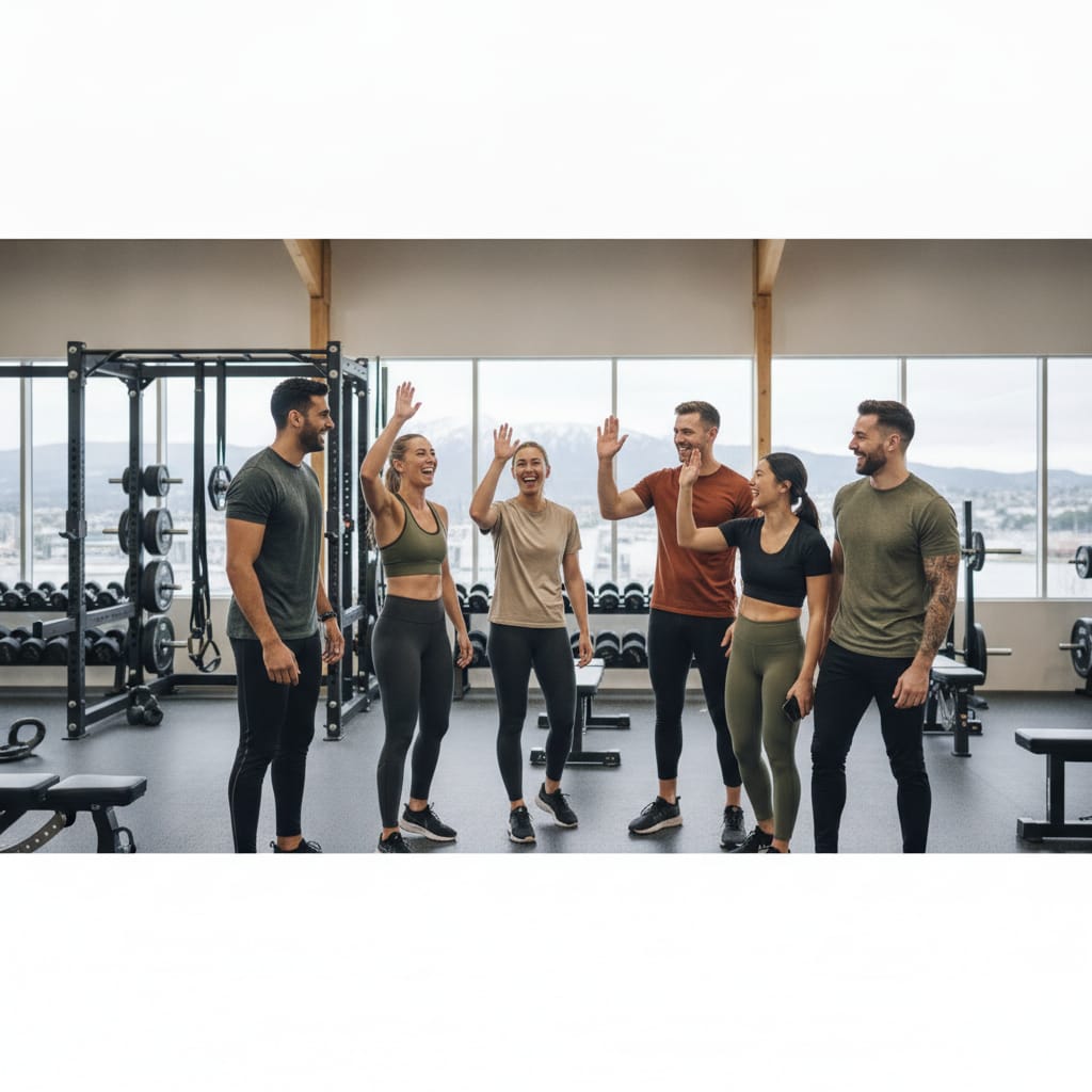 Diverse gym members enjoying a group workout, reflecting a positive New Zealand gym member experience with community and traditional training.
