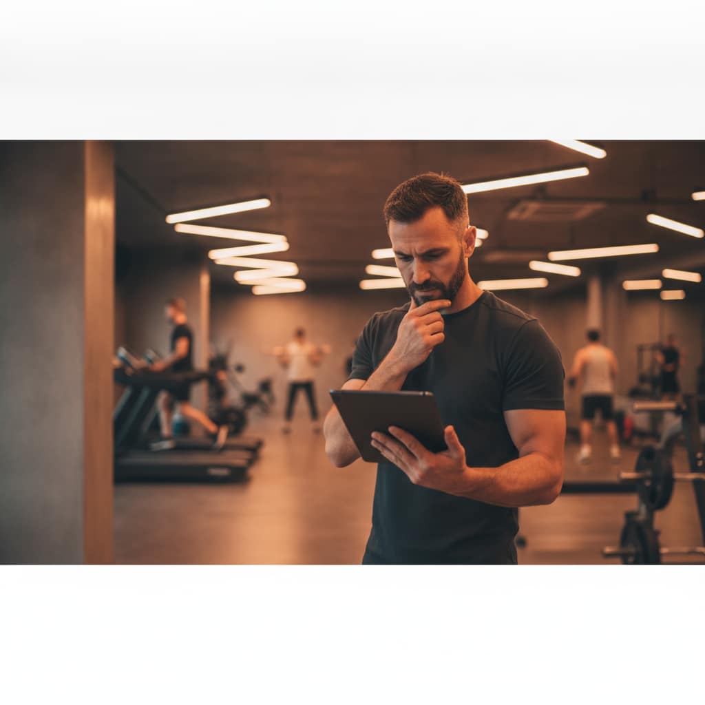 A gym owner reviewing member engagement data on a tablet, looking for insights on how to reduce gym churn and improve member retention in their fitness business.