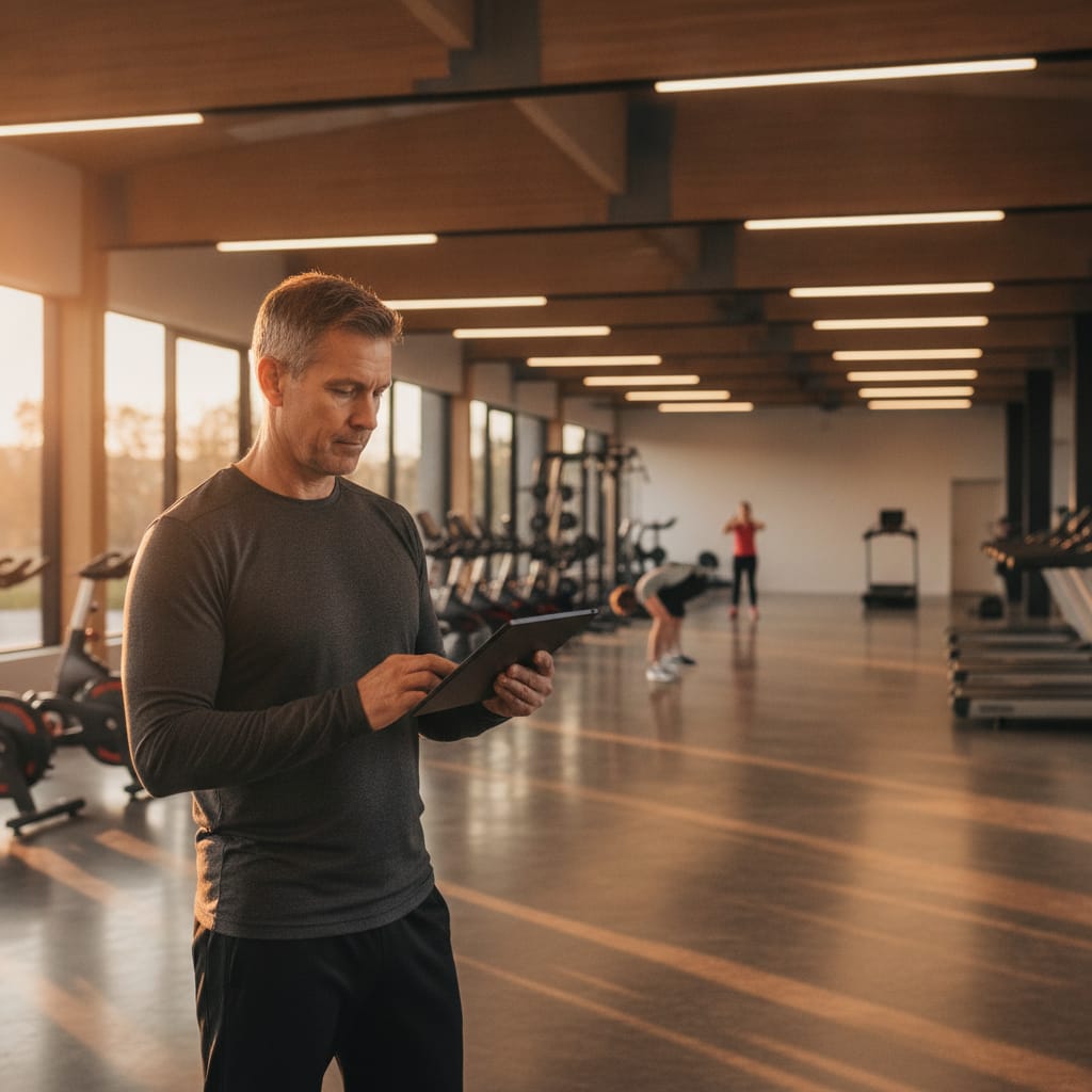 A gym owner in a modern gym reviewing member engagement data on a tablet, showcasing the practical benefits of an AI fitness companion for their business.