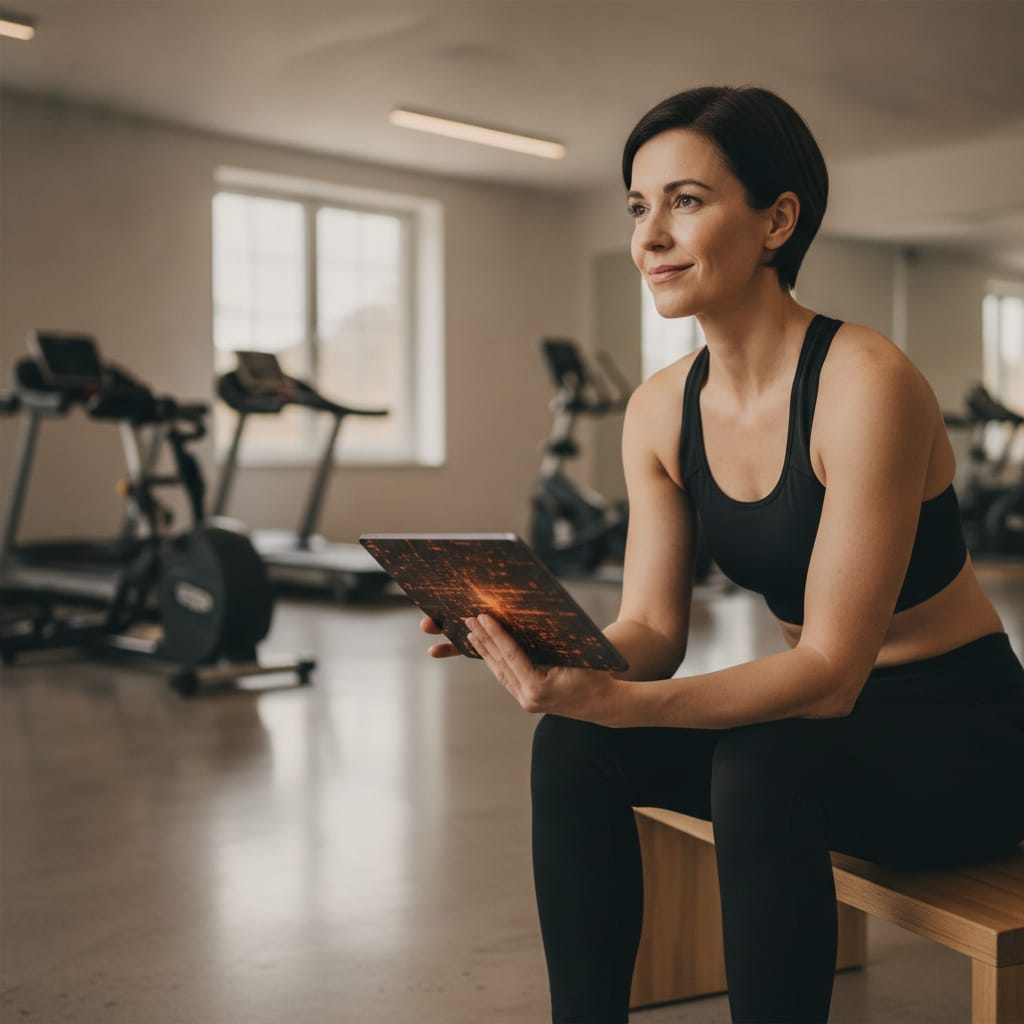 A gym owner reviewing an AI for gyms dashboard showing member engagement and retention data.