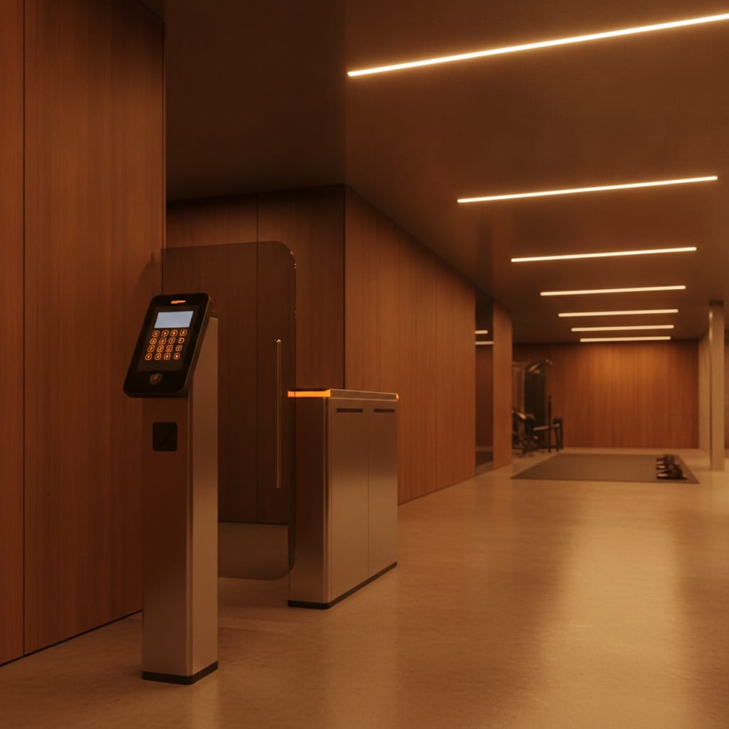 A secure gym entrance with a digital gym access control panel, ready for 24/7 unstaffed member entry.