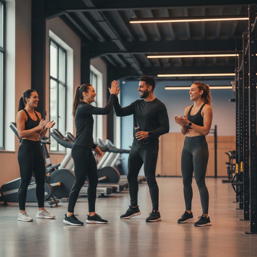 Diverse gym members engaging in conversation and high-fives, showing strong gym member engagement and community