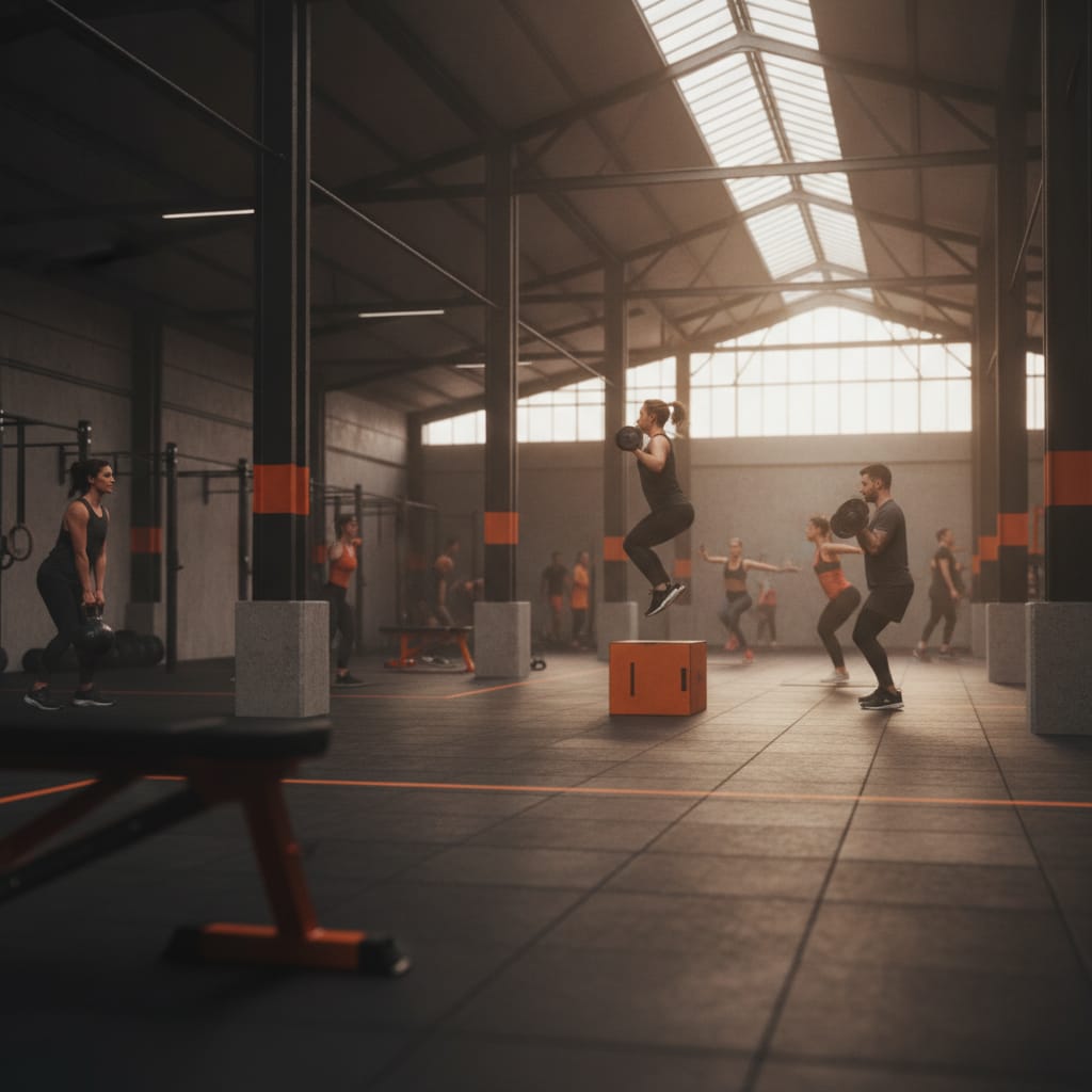 Wide shot of a busy gym floor with members training, representing the revenue managed by gym membership billing software