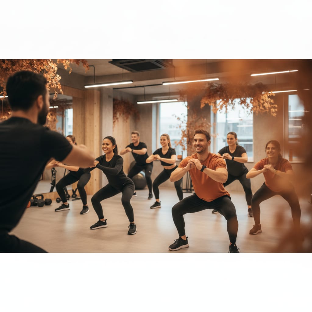 Gym members engaged in a group fitness class, showing how to keep gym members motivated through community and consistent effort in autumn.