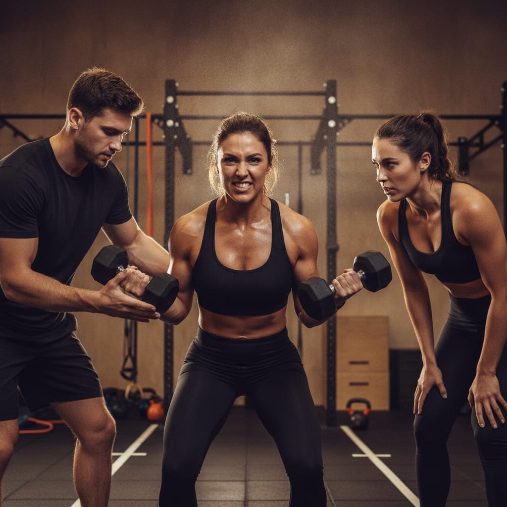 Three gym members training hard together in a heavy dumbbell circuit to reduce gym churn
