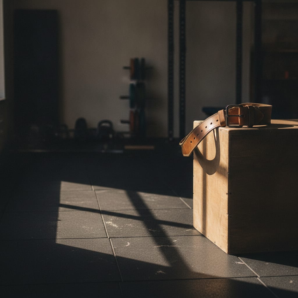 A leather lifting belt on a wooden plyo box representing workout consistency and strength training longevity