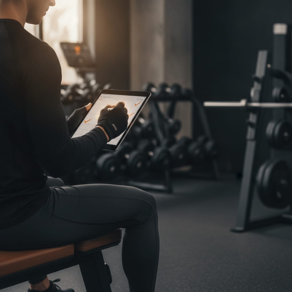 A person tracking their workout consistency on a digital calendar after a gym session, highlighting fitness habit building