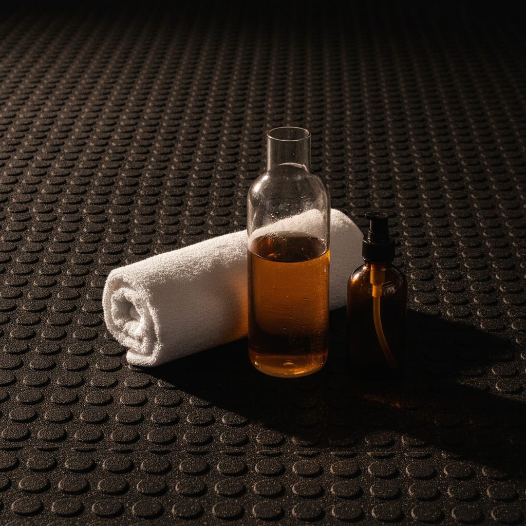 A gym towel, water bottle, and skincare pump bottle on a gym floor representing habits for workout consistency