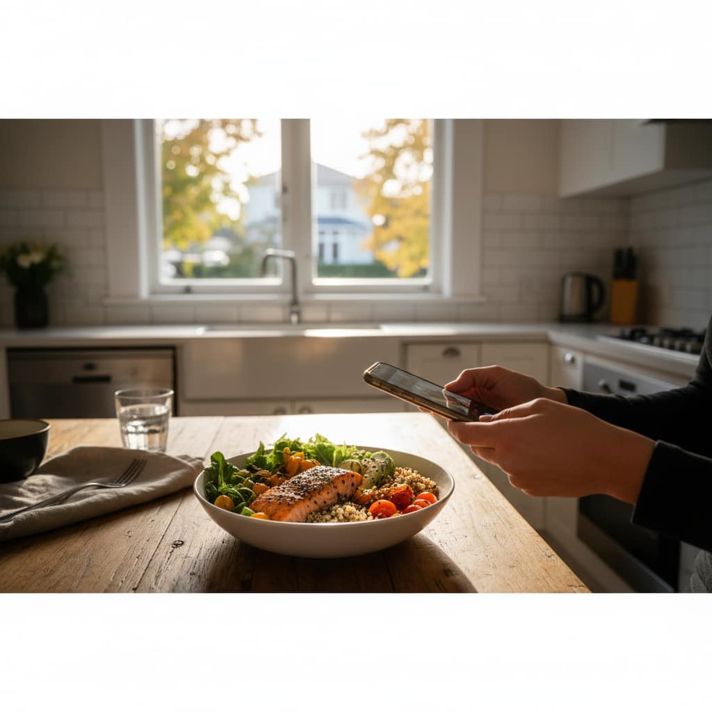A person taking a photo of their meal with an AI fitness app New Zealand for easy nutrition tracking.