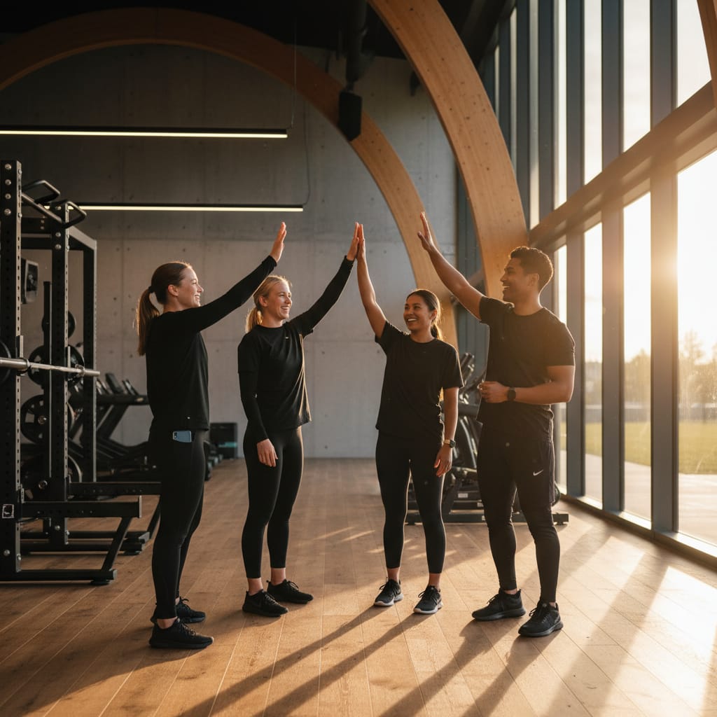 Friends high-fiving after a workout, showcasing a positive gym member experience and community engagement during autumn in New Zealand.