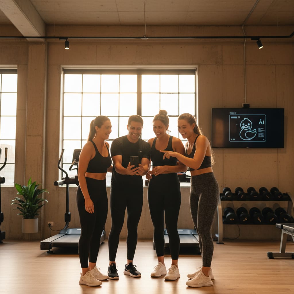 Diverse gym members engaged with a fitness app on their phones, showing active gym member retention strategies in action within a community setting.