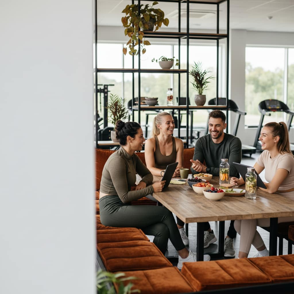 Gym members receiving valuable gym nutrition guidance during a community event, discussing healthy eating habits and using AI meal tracking on a phone.