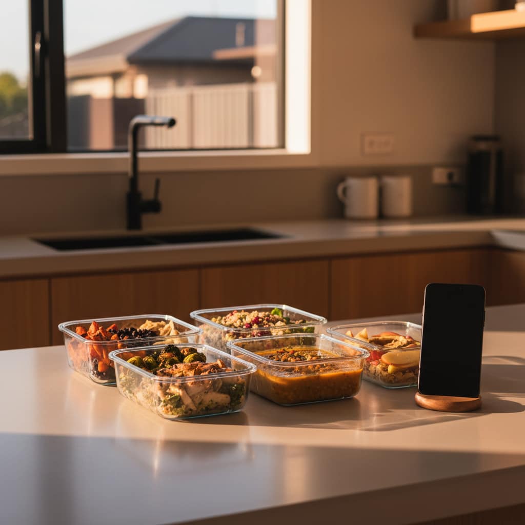 Prepped meals on a kitchen counter with a phone showing AI meal tracking, illustrating simple meal prep strategies for gym members.