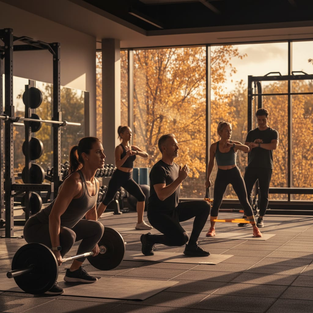 Gym members engaged in evidence-based strength training and holistic wellness activities, demonstrating effective gym member engagement ideas for autumn.