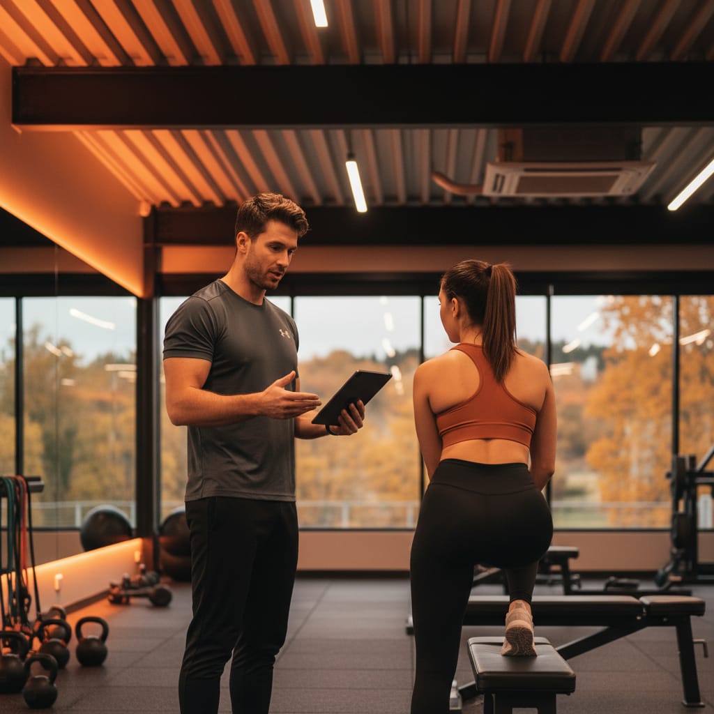 A fitness coach discussing gym member engagement ideas and the importance of rest with a client during an active recovery session in an Auckland gym.