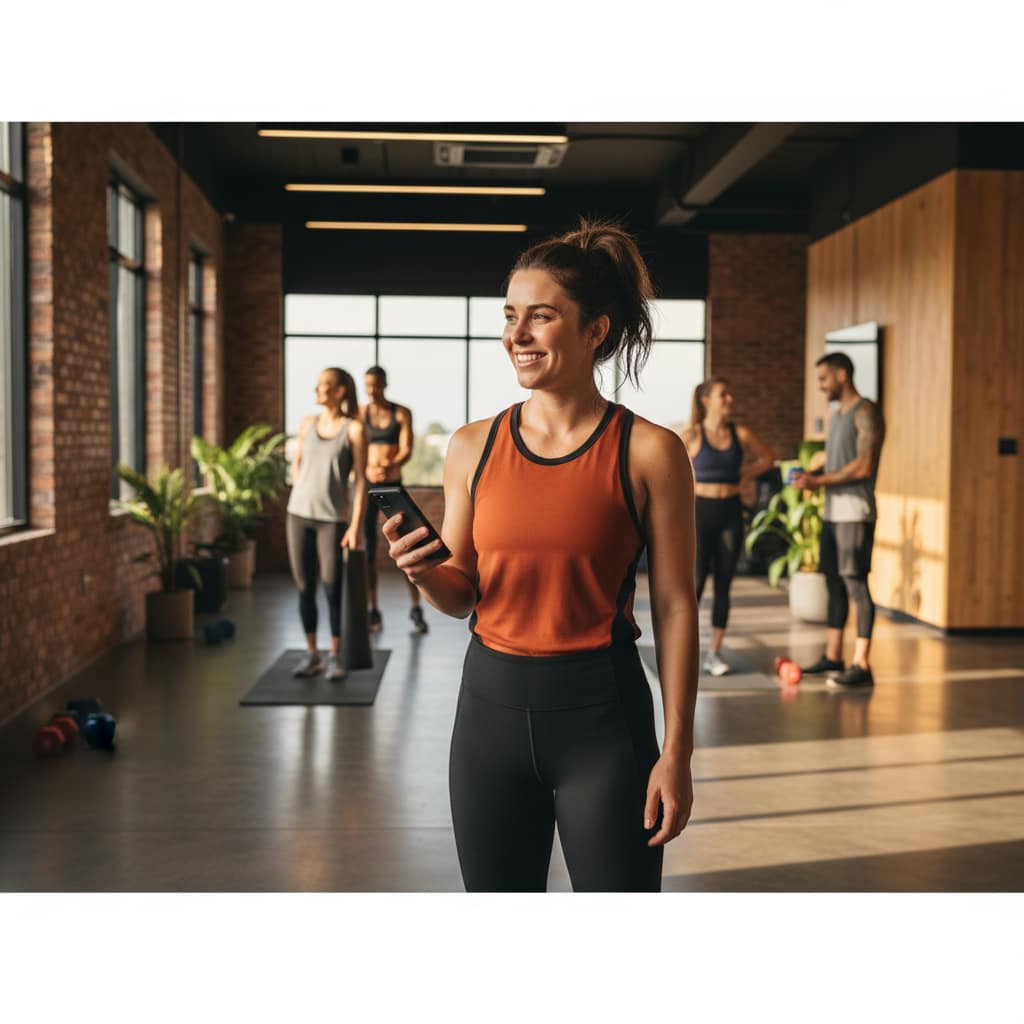 A happy woman checking her fitness tracker after a successful first gym class, reflecting a positive gym member experience.