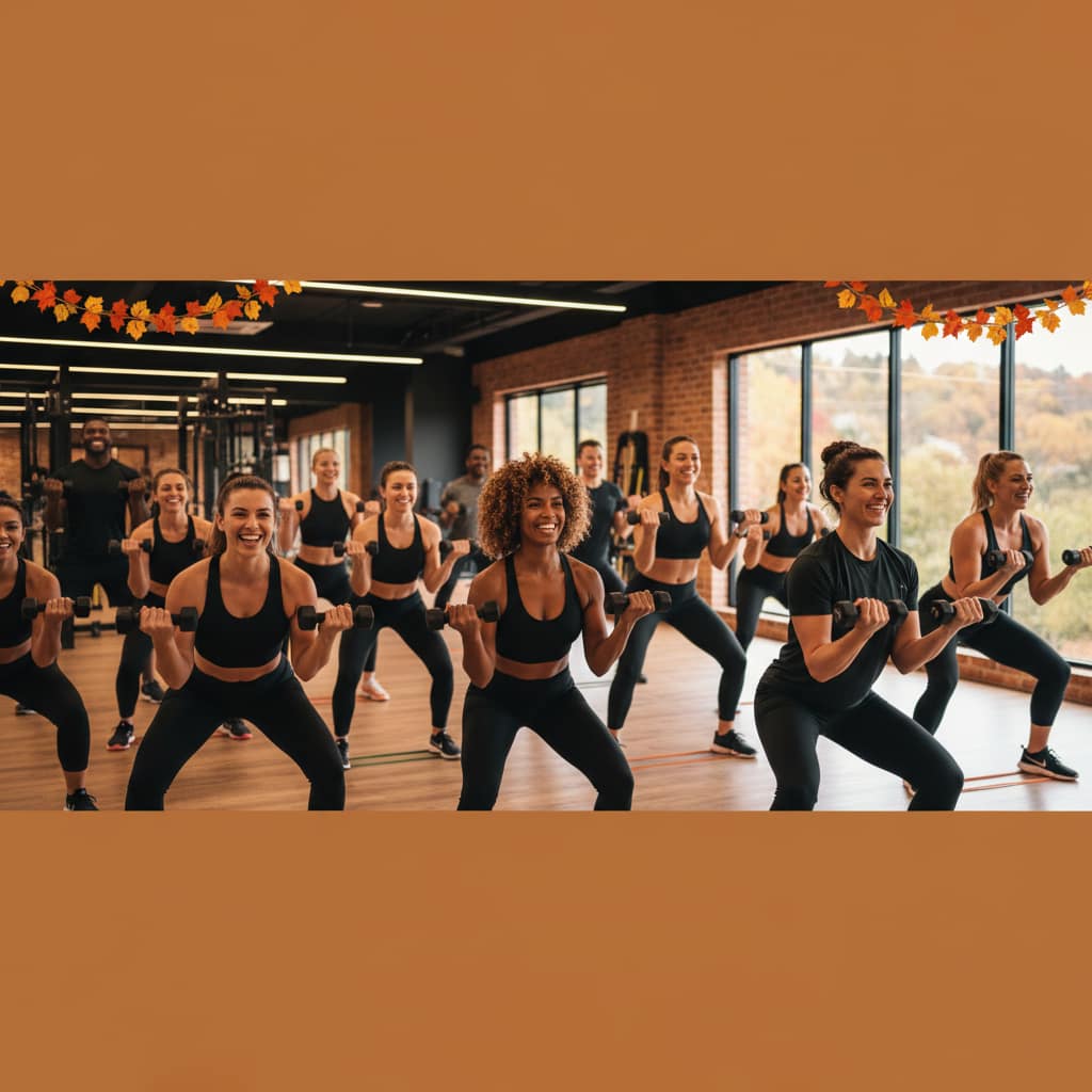 Gym members engaged in a group fitness class, showing how to keep gym members motivated through community and consistent effort in autumn.
