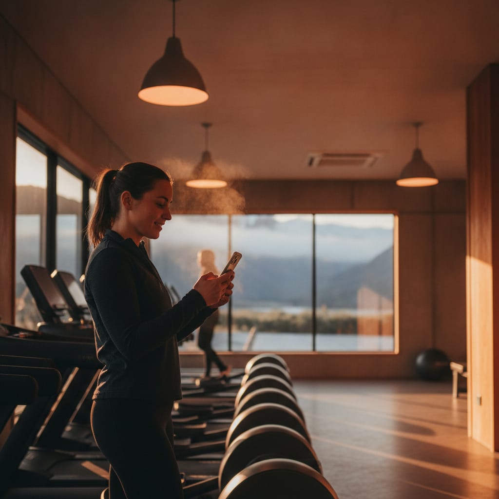 A gym member checking their AI fitness app New Zealand on a phone, showing gamification elements and progress, in a modern gym.