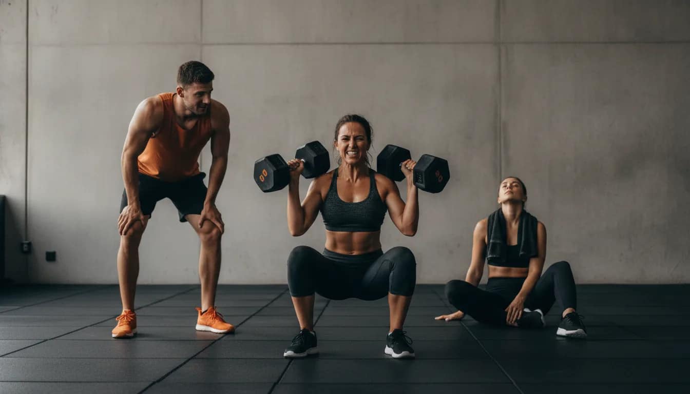 A small group of athletes demonstrating gym member engagement by training hard together during a circuit workout.